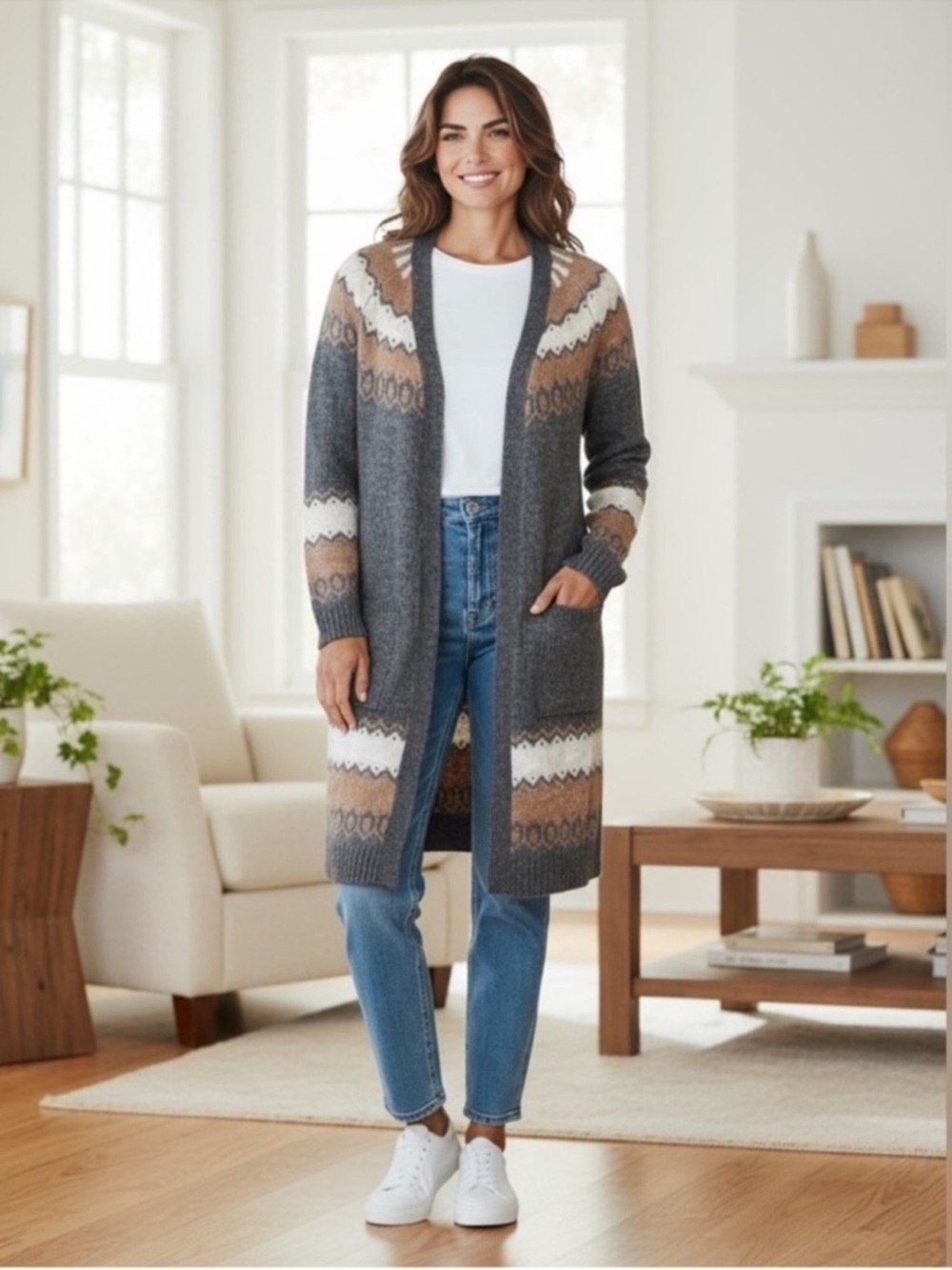 89th + Madison NWT open front cotton knit fair isles nordic cardigan size small